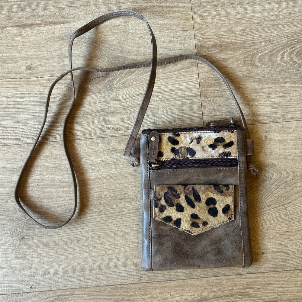 Crosstree Lane‎ Brown Leather Leopard Calf Hair Crossbody Travel Bag